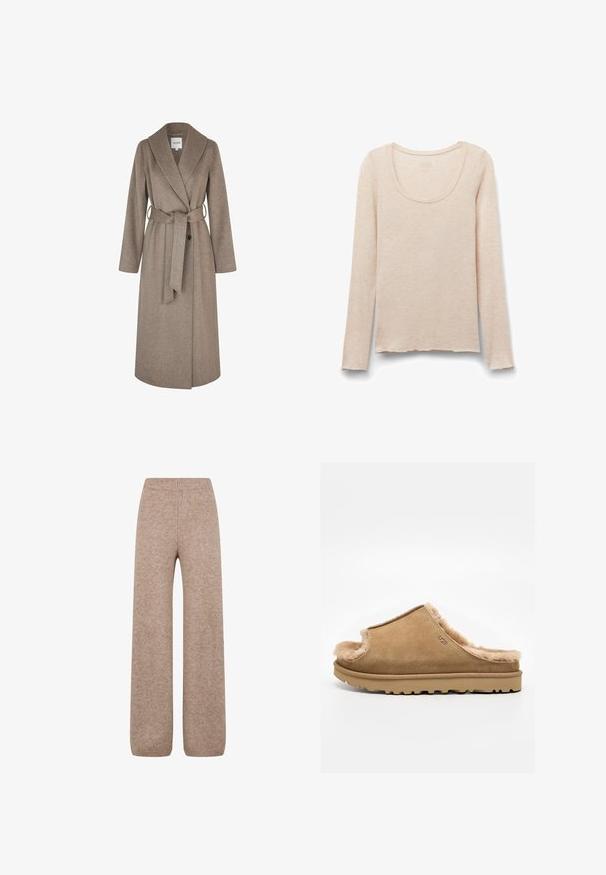 mbyM UMIA - Mantel - greige melange; Beige longsleeve met ronde hals, licht gegolfde zoom en zachte, lichte stof.; Brede gebreide broek in een lichtbruine tint met een ribbel waistband en manchetten, gemaakt van een zachte, gestructureerde stof. Geen zichtbare zakken.; Beige suède instappantoffel met zachte fleece voering en rubberen zool, met een UGG-logo aan de zijkant, op een effen witte achtergrond.