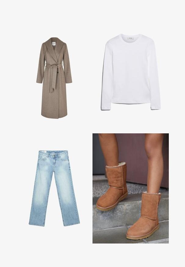 mbyM UMIA-M - Klassisk frakke - greige melange; Langærmet hvid T-shirt lavet af ribbet bomuld, med rund halsudskæring og lige kant. Simpelt design uden mønstre eller accenter.; Lyseblå denimjeans med lige ben, forlommer, bæltestropper og knappelukning i taljen.; Brune ruskind ankelstøvler med rund tå, blødt foer og gummisål, der har synlige stikninger langs sømmene.