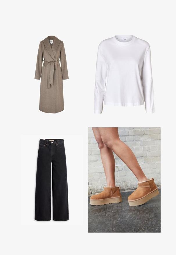 mbyM UMIA - Mantel - greige melange; Effen wit damesoverhemd met lange mouwen, ronde hals, rechte zoom en zonder zichtbare patronen of logo's.; Zwarte brede jeans gemaakt van denim, met vijf zakken, koperen klinknagels en een klassieke knoopsluiting. Glad van textuur met een strakke uitstraling.; Bruine suède enkelboots met een zachte voering, dikke beige plateauzool en een achterste lus. Getextureerde oppervlakte met zichtbare stiksels.