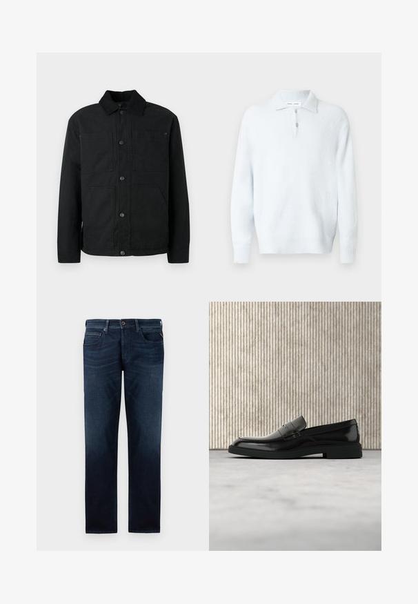Schwarze Button-Up-Jacke mit Cordkragen und vier vorderen Taschen, präsentiert vor einem schlichten hellen Hintergrund.; Hellblauer Pullover mit langen Ärmeln und strukturierter Oberfläche, Kragen und halber Knopfleiste. Verfügt über gerippte Bündchen und Saum.; Dunkelblaue Jeans aus Denim mit geradem Bein, fünf Taschenstil und sichtbarem Knopfverschluss an der Taille. Glatte Textur.; Schwarzer, polierter Lederloafer, der über einem beigen Teppich schwebt, mit orangener, durchscheinender Möbel im Hintergrund.