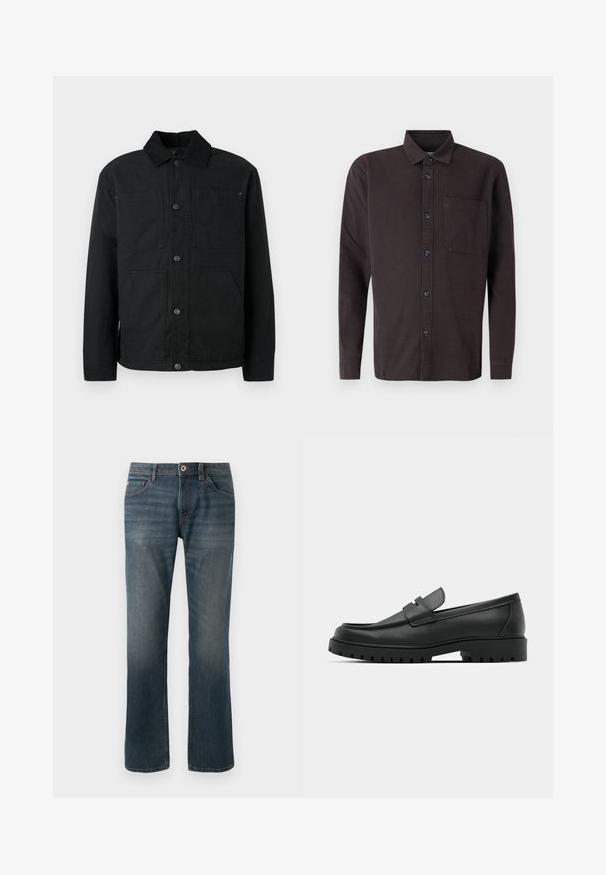 Schwarze Button-Up-Jacke mit Cordkragen und vier vorderen Taschen, präsentiert vor einem schlichten hellen Hintergrund.; Dunkelbraunes Langarmhemd aus Baumwolle, mit einem abknöpfbaren Kragen, einer Brusttasche und schwarzen Knöpfen zum Schließen.; Dunkelblaue Jeans aus Denim mit geradem Bein. Merkmale sind fünf Taschen, kontrastierende Nähte sowie ein Knopf- und Reißverschluss vorne.; Schwarze Lederloafer mit runder Zehenform, ausgestattet mit einem gesteppten Design, niedrigem Plattformsohle und einer strukturierten, genoppten Gummisohle.