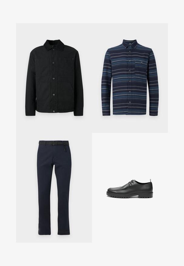 Schwarze Button-Up-Jacke mit Cordkragen und vier vorderen Taschen, präsentiert vor einem schlichten hellen Hintergrund.; Langärmliges Hemd mit Knopfleiste in Navy mit unterschiedlichen blauen horizontalen Streifen, einem Kragen und einer Brusttasche. Weicher Stoff.; Marineblaue Hose mit geradem Schnitt, gefertigt aus strapazierfähigem Stoff. Enthält einen schwarzen Gürtel und ein einfaches, ungemustertes Design.; Schwarze Lederschuhe mit glatter Oberfläche, runder Zehenform und dekorativer Naht. Mit einer Gummisohle mit Traktionsrillen und Schnürdesign.