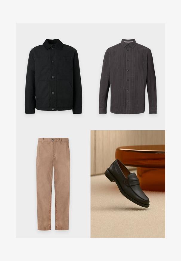 Schwarze Button-Up-Jacke mit Cordkragen und vier vorderen Taschen, präsentiert vor einem schlichten hellen Hintergrund.; Langärmliges Hemd mit Knöpfen im dunklen Karomuster. Verfügt über einen klassischen Kragen, eine Brusttasche und schwarze Knöpfe. Hergestellt aus leichtem Stoff.; TOM TAILOR REGULAR WASHED - Chino - caribou beige; Schwarzer Leder-Herrenloafer mit einem Band über dem Spann, auf beigem Teppich neben einem braunen modernen runden Tisch präsentiert.