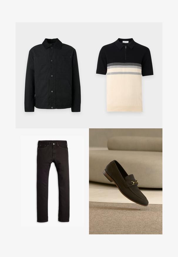 Zwarte button-up jas met een corduroy kraag en vier voorzakken, tentoongesteld tegen een effen lichte achtergrond.; Heren polo met korte mouwen, zwart bovenstuk, grijs en crème horizontale strepen, en een kraag met een kwart ritssluiting.; Zwarte slim-fit jeans met vijf zakken en knoopsluiting, plat weergegeven op een witte achtergrond.; Donkerbruine leren loafer met gouden metalen gesp, zwevend weergegeven boven een beige tapijt en bijpassende bank op de achtergrond.
