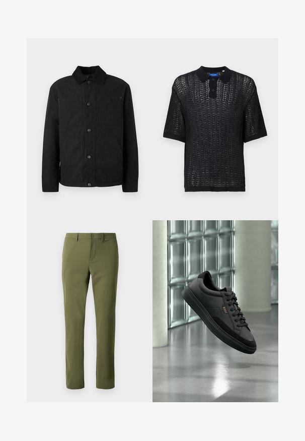 Schwarze Button-Up-Jacke mit Cordkragen und vier vorderen Taschen, präsentiert vor einem schlichten hellen Hintergrund.; Schwarzes Kurzarm-Polo mit gewebter Textur, ausgestattet mit einem Kragen, Knöpfen und gerippten Bündchen. Hergestellt aus leichtem Material.; Olivgrüne Hose aus glattem Stoff mit geradem Schnitt, ausgestattet mit einem Knopfverschluss und Gürtelschlaufen. Keine sichtbaren Muster oder Akzente.; Schwarzer Leder-Sneaker im Low-Top-Stil mit schwarzen Schnürsenkeln und goldenem "BOSS"-Logo, in der Luft vor einer Glasbausteinwand und grauem Boden gezeigt.