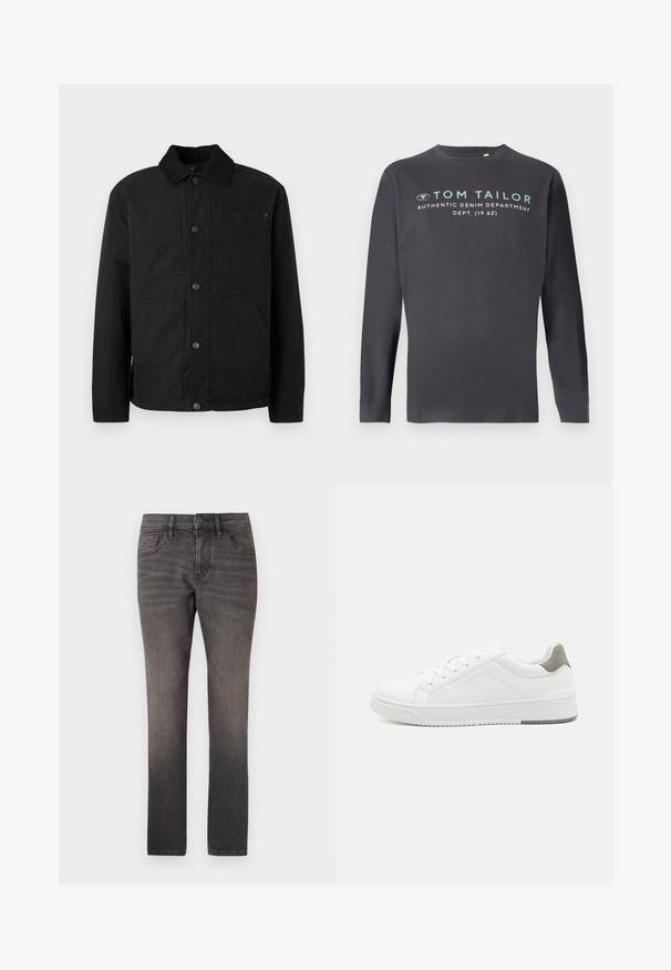 Schwarze Button-Up-Jacke mit Cordkragen und vier vorderen Taschen, präsentiert vor einem schlichten hellen Hintergrund.; TOM TAILOR PRINTED - Langarmshirt - tarmac grey; TOM TAILOR JOSH - Jeans Straight Leg - used dark stone black denim; Weißer Sneaker aus glattem Leder, runde Zehenpartie, minimalistisches Design, graue Fersenkante und strukturierte Gummisohle.