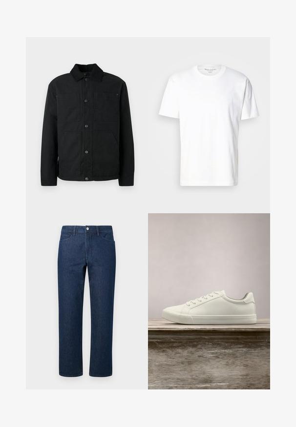 Zwarte button-up jas met een corduroy kraag en vier voorzakken, tentoongesteld tegen een effen lichte achtergrond.; Witte katoenen t-shirt met een ronde hals en korte mouwen. Kenmerkt zich door een subtiele logo-detail aan de voorkant. Gladde textuur, casual pasvorm.; Donkerblauwe rechte spijkerbroek met voorkruiszakken, riemlussen en een metalen knoopsluiting aan de taille tegen een effen achtergrond.; Witte vetersneaker die boven een houten bank zweeft met groene bladeren op de achtergrond, waarbij het ontwerp en de textuur van de schoen worden getoond.