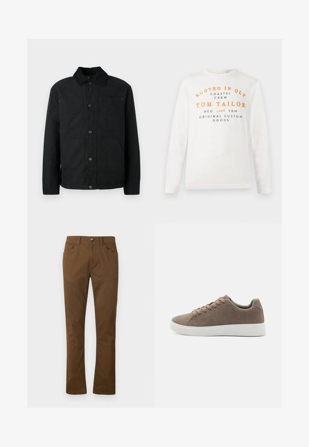 Schwarze Button-Up-Jacke mit Cordkragen und vier vorderen Taschen, präsentiert vor einem schlichten hellen Hintergrund.; Weißes Langarmshirt mit orangefarbener und schwarzer Schrift, auf der steht: "Rooted in QLY Coastal Crew Tom Tailor Reg 1962 TRM Original Custom Goods".; Braune gerade geschnittene Hose mit vorderem Knopf- und Reißverschluss, vorderen und hinteren Taschen sowie Gürtelschlaufen.; Braune Wildledersneaker mit flachen weißen Gummisohlen, Schnürdesign, abgerundete Zehen und einer glatten Textur. Minimalistischer Stil mit dezenten Nähdetails.