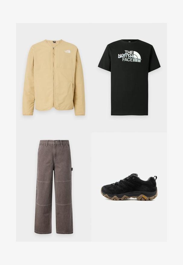 Vaaleanbeige vetoketjullinen takki, jossa on pyöreä kaulus, rintatasku ja logokuvio vasemmalla puolella. Valmistettu sileästä, kevyestä kankaasta.; Mustaa puuvillaa oleva t-paita, jossa valko-harmaa painettu logokuvio, lyhyet hihat ja pyöreä pääntie.; Haalari leveät housut haalistuneessa ruskeassa värissä, valmistettu kestävästä kankaasta, jossa on kontrastiväriset tikkaus. Ominaisuuksiin kuuluvat paneelityöstö ja sivutasku.; Musta vaelluskengät, joissa kestävä ruskea Vibram-pohja, verkkovuori ja mokkanahkainen päällinen, nauhakiinnitys ja takalenkki, kuvattuna ulkopuolelta.