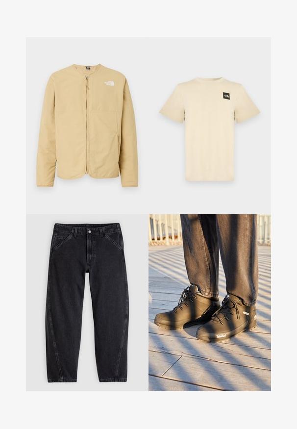 Lys beige, lynlåset jakke med rund hals, med en brystlomme og logo-detalje på venstre side. Lavet af glat, letvægtsstof.; Kortærmet beige t-shirt lavet af bomuld med en lille sort firkantet logo på den øverste venstre del af brystet. Enkel rund halsudskæring.; Sorte denimjeans med løs pasform, der har en standard-taljebånd, femlomme-design og kontrastsyning langs sømmene.; Sorte Timberland vandrestøvler har et højt design, struktureret overflade og runde snørebånd, sat mod en trægulv baggrund.