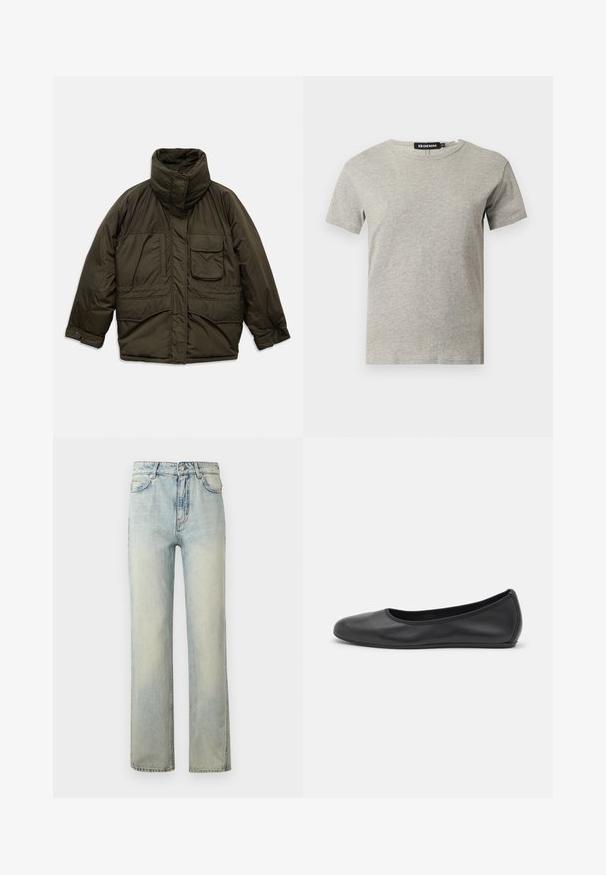 Donker olijfgroene pufferjack met hoge kraag, voorflapzak, lange mouwen met knoopmanchetten en een ritssluiting, verborgen achter een overslag.; Lichtgrijs katoenen T-shirt met korte mouwen en ronde hals, met een zichtbaar zwart label in de kraag met de tekst "DENIM" en maat "S".; Lichtblauwe denim jeans met rechte pijpen en hoge taille, voorzien van voor- en achterzakken, knoopsluiting en een subtiele vervaagde wassing.; Zwarte leren ballerina met een ronde neus, gladde textuur, minimale stikdetails en een flexibele zoolontwerp.