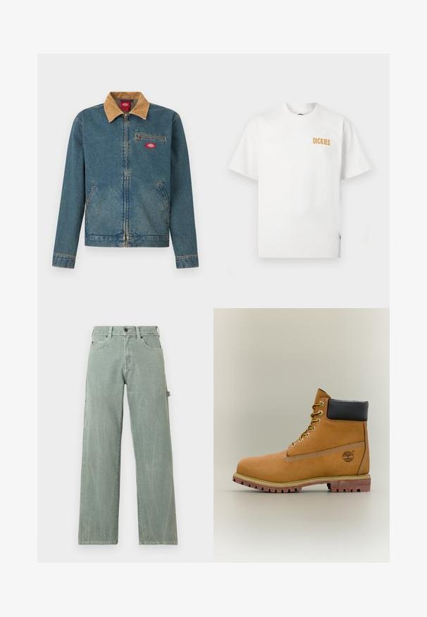 Veste en jean avec un col en velours côtelé marron, fermeture éclair à l'avant, poche poitrine et poches latérales. Couleur bleu clair avec des sections délavées et des accents cousus.; T-shirt blanc à manches courtes avec col rond, petit logo orange "DICKIES" sur la partie supérieure gauche de la poitrine.; Jean large couleur vert clair en denim, avec un design classique à cinq poches et des détails subtilement usés.; Bottine en cuir marron avec col noir, lacets jaunes et semelle beige. Présente un logo et des détails de couture blanche. Semelle extérieure à traction robuste.