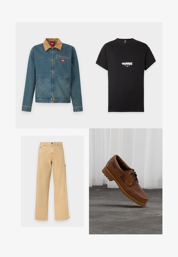 Veste en jean avec un col en velours côtelé marron, fermeture éclair à l'avant, poche poitrine et poches latérales. Couleur bleu clair avec des sections délavées et des accents cousus.; T-shirt noir à manches courtes avec logo blanc "The North Face" et texte "Never Stop Exploring" centrés sur la poitrine.; Pantalon de travail beige à jambes droites avec passants pour ceinture, poches avant et latérales, ainsi qu'une boucle pour marteau sur fond uni.; Chaussure de bateau en cuir marron avec des lacets noirs, des coutures beiges et une semelle robuste, suspendue au-dessus d'un sol en béton gris.