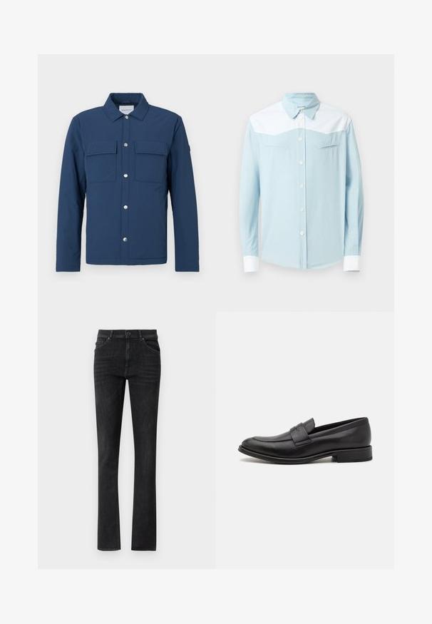 Chaqueta azul marino hecha de tela texturizada con un cierre de botones, dos bolsillos en el pecho y un cuello. Cuenta con botones a presión plateados.; Camisa de botones azul claro con yugo y puños blancos, cuello puntiagudo y dos bolsillos en el pecho horizontales con costuras en forma de flecha.; Jeans de mezclilla negra con corte recto, con bolsillos delanteros y cierre de botón. Textura suave con un ligero desgaste.; Mocasín de cuero negro con un acabado suave, una tira decorativa en la parte superior, punta redondeada y un tacón bajo apilado.