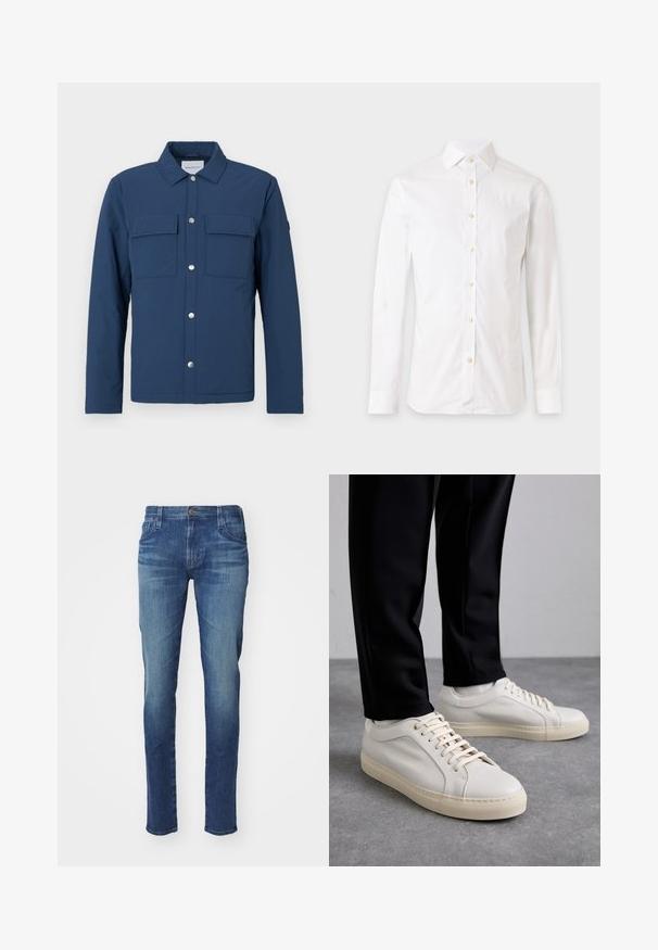 Marineblaue Jacke aus strukturiertem Stoff mit durchgängiger Knopfleiste, zwei Brusttaschen und Kragen. Mit silbernen Druckknöpfen.; Weißes langärmliges Hemd mit Knöpfen und Kragen, dargestellt vor einem einfarbigen hellen Hintergrund.; Herren Jeans aus blauem Denim mit geradem Schnitt, klassischem Fünf-Taschen-Design, dezentem Verblassen und metallischem Knopfverschluss.; Helle beigefarbene Leder-Sneaker mit flachen Schnürsenkeln, einer strukturierten Oberfläche und einer kontrastierenden, cremefarbenen Gummisohle, kombiniert mit schwarzen eng geschnittenen Hosen.