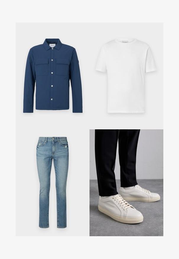 Marineblaue Jacke aus strukturiertem Stoff mit durchgängiger Knopfleiste, zwei Brusttaschen und Kragen. Mit silbernen Druckknöpfen.; Weißes T-Shirt mit kurzen Ärmeln aus Baumwolle. Hat einen runden Halsausschnitt und einen geraden Saum. Keine Muster oder Verzierungen. Einfaches Design.; Helleblaue Denim-Jeans mit geradem Schnitt, fünf Taschen-Design und dezentem Verblassen an den Oberschenkeln. Verfügt über einen Standardsbund und einen Knopfverschluss.; Helle beigefarbene Leder-Sneaker mit flachen Schnürsenkeln, einer strukturierten Oberfläche und einer kontrastierenden, cremefarbenen Gummisohle, kombiniert mit schwarzen eng geschnittenen Hosen.