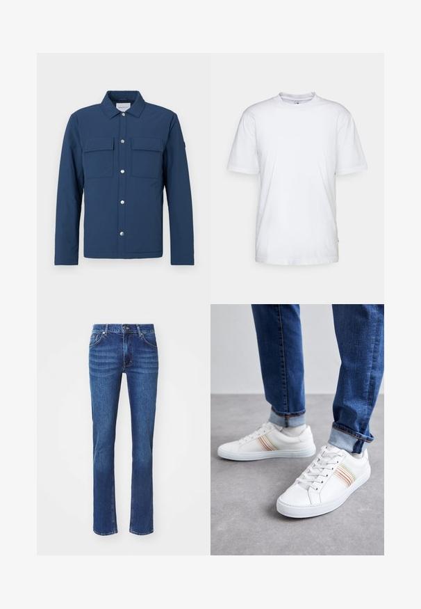 Marineblaue Jacke aus strukturiertem Stoff mit durchgängiger Knopfleiste, zwei Brusttaschen und Kragen. Mit silbernen Druckknöpfen.; Weißes Baumwoll-T-Shirt mit Rundhalsausschnitt, kurzen Ärmeln und geradem Saum. Auf der linken Seitennaht befindet sich ein kleines Markenzeichen.; Dunkelblaue Denim-Jeans mit geradem Bein, dezent ausgebleicht, fünf Taschen und Knopfverschluss. Neutrale Nähte setzen Akzente.; Weiße Leder-Sneaker mit mehrfarbigen Streifen, Schnürdesign, Gummisohle und gepolstertem Kragen, kombiniert mit blauen Jeans.