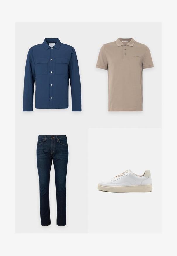 Veste bleu marine en tissu texturé avec un devant à boutons, deux poches poitrine et un col. Comprend des boutons pression en argent.; Polo en coton mélangé de couleur marron clair, avec un rabat à trois boutons, des manches courtes et un logo brodé discret sur la poitrine.; Jeans en denim bleu foncé avec un design ajusté, dotés de cinq poches et de coutures contrastées. Le tissu a une texture lisse.; Sneaker blanche avec un dessus en cuir lisse, des lacets beige et un onglet de talon en daim beige texturé. Semelle surélevée pour une hauteur supplémentaire.