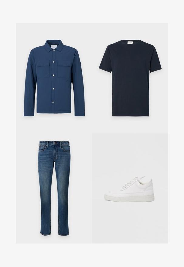 Veste bleu marine en tissu texturé avec un devant à boutons, deux poches poitrine et un col. Comprend des boutons pression en argent.; T-shirt à manches courtes bleu marine en coton doux. Il présente un col rond et un design simple et épuré sans motifs ni accents.; Jean en denim d'un bleu moyen. Présente un design à jambe droite, style cinq poches, fermeture éclair à l'avant et coutures contrastées.; Baskets en cuir blanc avec un embout arrondi, une semelle plate et un laçage à l'avant. Présentent des détails de couture et un col rembourré pour plus de confort.
