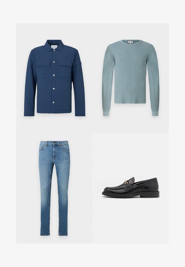 Chaqueta azul marino hecha de tela texturizada con un cierre de botones, dos bolsillos en el pecho y un cuello. Cuenta con botones a presión plateados.; Camisa de manga larga de color azul claro con textura acanalada y escote redondo. Presenta puños ajustados y una etiqueta de marca sencilla en el cuello.; Jeans de mezclilla azul claro con diseño de pierna recta, con cierre frontal de botones, estilo de cinco bolsillos y detalles de costuras en contraste.; Mocasines de cuero negro con punta redondeada, que cuentan con un detalle de herrajes dorados y costuras, situados sobre una suela de goma texturizada y baja.