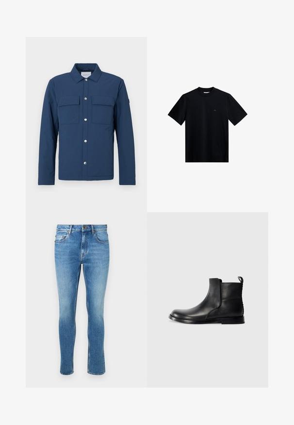 Chaqueta azul marino hecha de tela texturizada con un cierre de botones, dos bolsillos en el pecho y un cuello. Cuenta con botones a presión plateados.; Camiseta negra de manga corta y cuello redondo con un pequeño logo discreto en el lado izquierdo del pecho.; Jeans de mezclilla azul claro con un corte ajustado. Presentan un diseño tradicional de cinco bolsillos y un ligero desvanecimiento cerca de las rodillas. Cierre clásico de botón.; Botín de cuero negro hasta el tobillo con puntera redonda, paneles laterales elásticos y parte trasera texturizada. Cuenta con una suela plana de goma y una lengüeta.