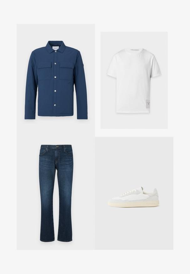 Chaqueta azul marino hecha de tela texturizada con un cierre de botones, dos bolsillos en el pecho y un cuello. Cuenta con botones a presión plateados.; Camiseta blanca lisa de manga corta con escote redondo y una pequeña etiqueta rectangular con texto de la marca cerca del dobladillo inferior en el lado derecho.; Jeans de mezclilla azul oscuro con un diseño de pierna recta, cinco bolsillos y cierre de botón metálico. Textura suave con un ligero desvanecimiento.; Zapatilla blanca con parte superior texturizada de ante y cuero. Presenta una puntera redondeada, cierre con cordones y suela de goma beige contrastante.