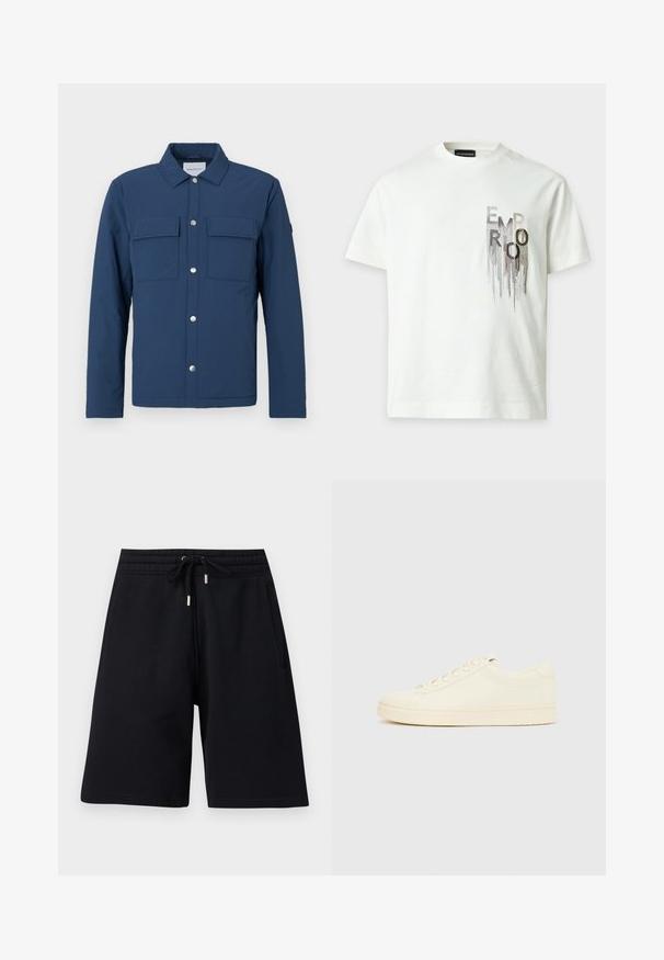 Chaqueta azul marino hecha de tela texturizada con un cierre de botones, dos bolsillos en el pecho y un cuello. Cuenta con botones a presión plateados.; Camiseta blanca de manga corta con letras verticales que gotean formando la palabra "EMPORIO ARMANI" en el área del pecho izquierdo.; Pantalones cortos negros hasta la rodilla con cinturilla elástica y cordón, que cuentan con bolsillos laterales y un ajuste holgado.; Zapatilla de color crema con parte superior de cuero liso, puntera redondeada, cierre de cordones y suela de goma texturizada. Diseño minimalista, sin logotipos.