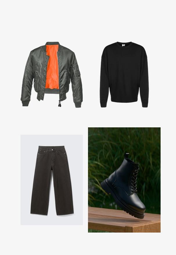 Chaqueta bomber de color verde oliva con cierre de cremallera en el frente, puños acanalados y forro de nylon naranja. Incluye un bolsillo lateral con cremallera.; Sudadera negra de manga larga con cuello redondo, puños acanalados y corte relajado, exhibida sobre un fondo blanco.; Los vaqueros de mezclilla negros de pierna ancha cuentan con una cintura alta, diseño de cinco bolsillos y un cierre de botones. La tela tiene un acabado suave y texturizado.; Botín negro de cuero hasta el tobillo con punta redonda, cordones en la parte delantera y suela gruesa dentada. Cuenta con una pestaña en el cuello para facilitar su puesta.