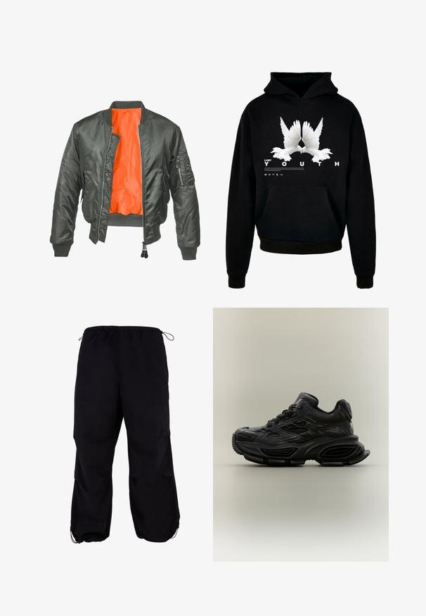 Chaqueta bomber de color verde oliva con cierre de cremallera en el frente, puños acanalados y forro de nylon naranja. Incluye un bolsillo lateral con cremallera.; Sudadera negra con un diseño gráfico de dos palomas blancas con alas extendidas, texto "JUVENTUD PERDIDA" en letras negritas abajo. Tejido de felpa texturizado.; Pantalones cargo negros, holgados, con cinturilla elástica y cordón ajustable. Presenta bolsillos con cremallera y puños en los tobillos.; Zapatilla deportiva negra y gruesa con diseño texturizado, suela gruesa y cierre de cordones mostrada sobre un fondo neutro y sencillo.