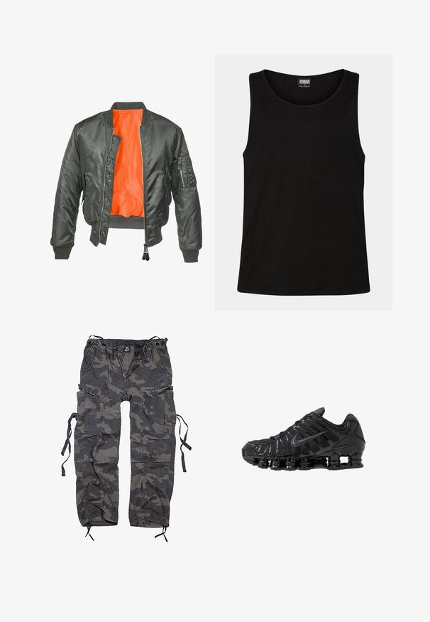 Veste bombers vert olive avec une fermeture éclair à l'avant, des poignets côtelés et une doublure en nylon orange. Elle dispose d'une poche latérale avec une fermeture éclair.; Débardeur noir en coton doux. Il présente un col rond et des emmanchures larges, sans motifs ni accents visibles.; Pantalons cargo camouflage dans des tons de gris et de noir, fabriqués à partir d'un tissu avec une surface légèrement texturée. Présente plusieurs poches et des liens à l'ourlet.; Chaussures de sport noires en mesh et matériaux synthétiques, présentant un design ondulé distinct, une semelle en caoutchouc noire et des accents réfléchissants.