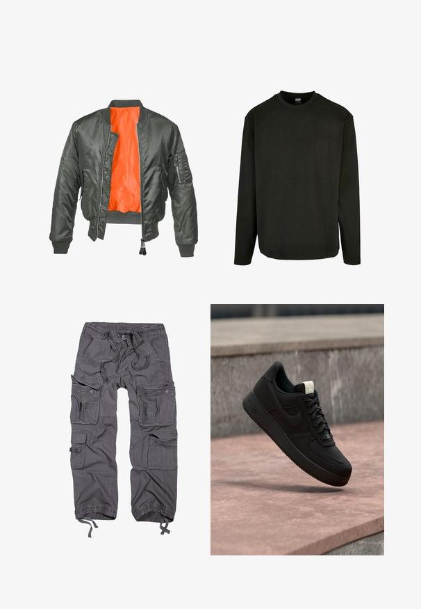 Olivenfarvet bomberjakke med lynlås foran, ribbede ærmer og en orange nylonforing. Har en sidelomme med lynlås.; Sort langærmet t-shirt i bomuld med rund halsudskæring og lige kant. Minimalistisk design uden mønstre eller detaljer.; Grå cargo bukser med flere lommer, snoreliv, knaplukning, tapered ben og en tekstureret stoffinish.; Sort Nike Air Force 1 sneaker, der svæver over en lyserød betonforkant med en grå stenet baggrund, som viser sidde- og topdetaljer.