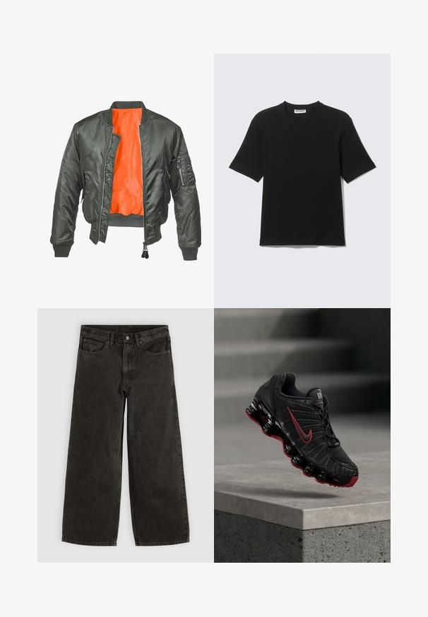 Chaqueta bomber de color verde oliva con cierre de cremallera en el frente, puños acanalados y forro de nylon naranja. Incluye un bolsillo lateral con cremallera.; Camiseta negra de manga corta con cuello redondo y etiqueta "WEEKDAY" en el interior del cuello, mostrada plana sobre un fondo claro.; Pantalones vaqueros negros de pierna ancha con botón y cremallera delanteros, trabillas para el cinturón y cinco bolsillos, colocados planos sobre un fondo blanco.; Zapatilla deportiva Nike negra y roja con suela visible tipo muelle, equilibrándose en el borde de un escalón de hormigón.