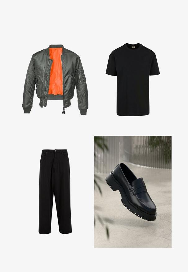 Chaqueta bomber de color verde oliva con cierre de cremallera en el frente, puños acanalados y forro de nylon naranja. Incluye un bolsillo lateral con cremallera.; Urban Classics SHORTSLEEVE - Camiseta básica - black; Pantalones de pierna ancha negros, fabricados en algodón, con cierre de botón, bolsillos delanteros y una textura suave sin patrones ni adornos.; Mocasines de cuero negro con suela gruesa, que presentan una correa decorativa y detalles de costura. Textura suave con un acabado pulido.