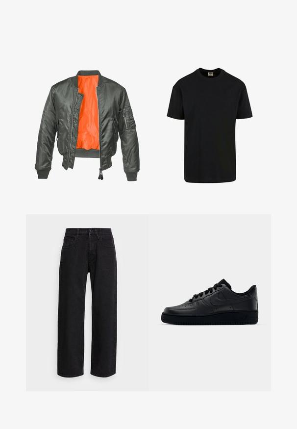Chaqueta bomber de color verde oliva con cierre de cremallera en el frente, puños acanalados y forro de nylon naranja. Incluye un bolsillo lateral con cremallera.; Urban Classics SHORTSLEEVE - Camiseta básica - black; Pantalones de mezclilla anchos negros con cintura alta, que cuentan con cinco bolsillos y un cierre de botón. La tela tiene una textura suave y un ligero estiramiento.; Zapatilla Nike Air Force 1 negra con parte superior de cuero liso, puntera perforada para transpirabilidad, cordones negros y suela de goma texturizada.