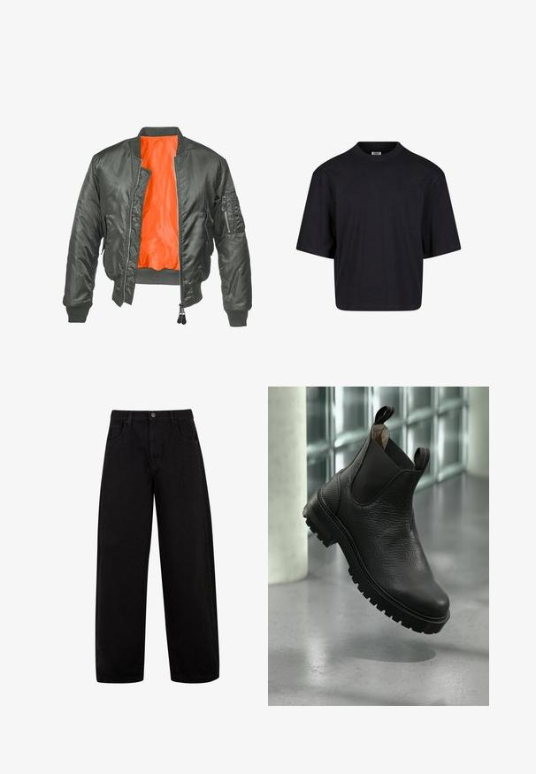 Veste bombers vert olive avec une fermeture éclair à l'avant, des poignets côtelés et une doublure en nylon orange. Elle dispose d'une poche latérale avec une fermeture éclair.; T-shirt en coton noir avec un col rond, des manches courtes et une coupe oversize. Texture lisse et design minimaliste. Pas de logos visibles.; Jean noir à jambes larges en denim, doté de poches avant, d'une fermeture à bouton et d'un design épuré et minimal sans motifs visibles.; Bottes basses en cuir noir avec une surface texturée, des panneaux élastiques sur les côtés et une semelle en caoutchouc robuste avec des crampons prononcés.