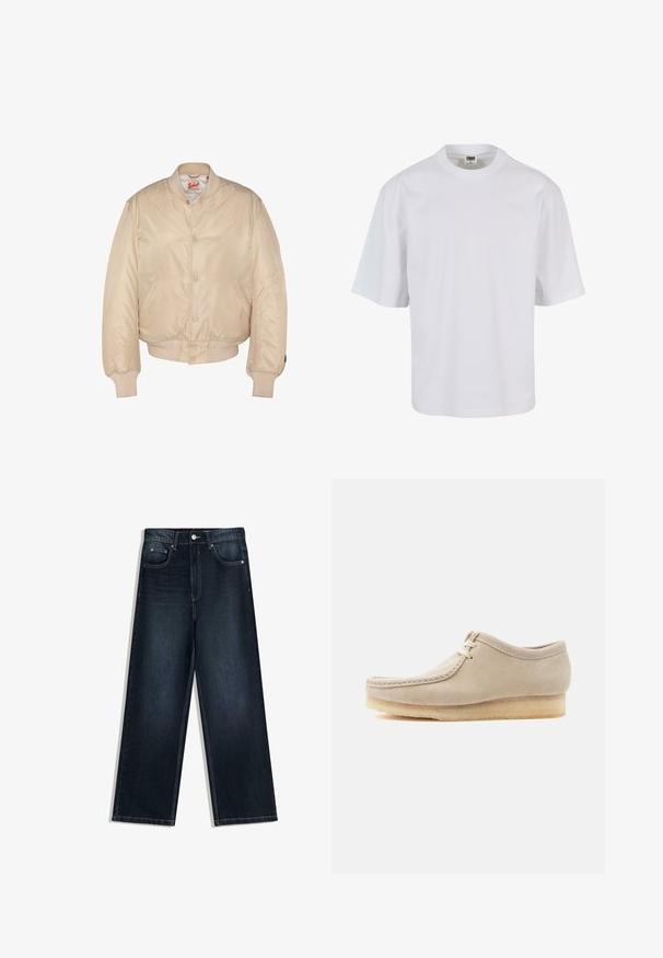 Veste bomber beige avec fermeture à boutons-pression, col, poignets et ourlet côtelés, dotée de poches latérales et d'une étiquette de marque Schott à l'intérieur du col.; T-shirt blanc à manches courtes en coton. Il présente un col rond et une coupe ample, avec une texture lisse et sans motifs ni graphiques visibles.; Jean en denim foncé à jambes larges avec une texture lisse, doté d'une fermeture à boutons sur le devant, de cinq poches et de détails de couture contrastants.; Chaussure à lacets en daim beige avec semelle en crêpe, couture de style mocassin et conception basse à la cheville, isolée sur un fond clair.