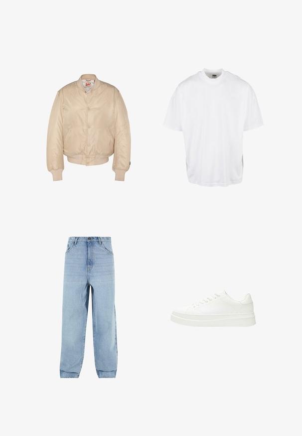 Veste bomber beige avec fermeture à boutons-pression, col, poignets et ourlet côtelés, dotée de poches latérales et d'une étiquette de marque Schott à l'intérieur du col.; T-shirt en coton blanc avec une coupe décontractée, des manches courtes et un col rond, présentant un ourlet droit et sans graphiques ni motifs visibles.; Jeans en denim bleu clair avec une coupe ample, taille haute et cinq poches. Dotés de passants de ceinture et d'une fermeture à bouton. Texture douce.; Baskets blanches avec une tige en cuir lisse, des lacets plats et une semelle en caoutchouc épaisse. Le design minimaliste présente des coutures discrètes et des accents sans couture.