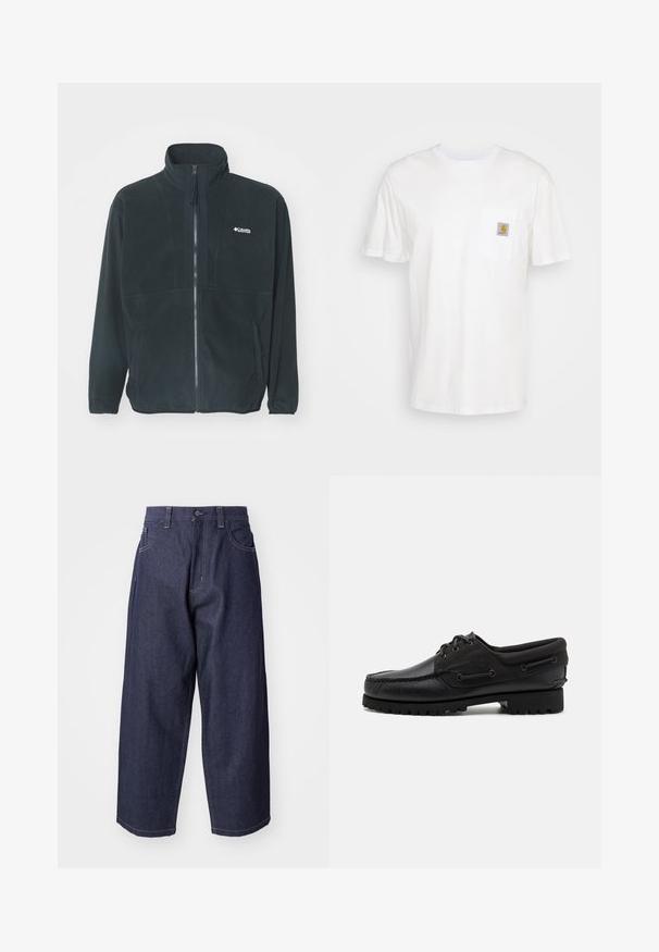 Veste en polaire noire avec un col haut, fermeture éclair à l'avant et deux poches latérales. Comprend un logo discret sur la poitrine.; T-shirt en coton blanc à manches courtes, avec une poche poitrine et un petit patch logo carré en orange et blanc sur la poche.; Jean en denim bleu foncé avec une coupe ample et des jambes larges. Comprend une fermeture à bouton, des poches avant et des accents de couture visibles.; Chaussure noire avec un dessus en cuir, des accents textiles, des lacets ronds et une semelle en caoutchouc texturé. Présente des coutures mocassins et des détails de marque.