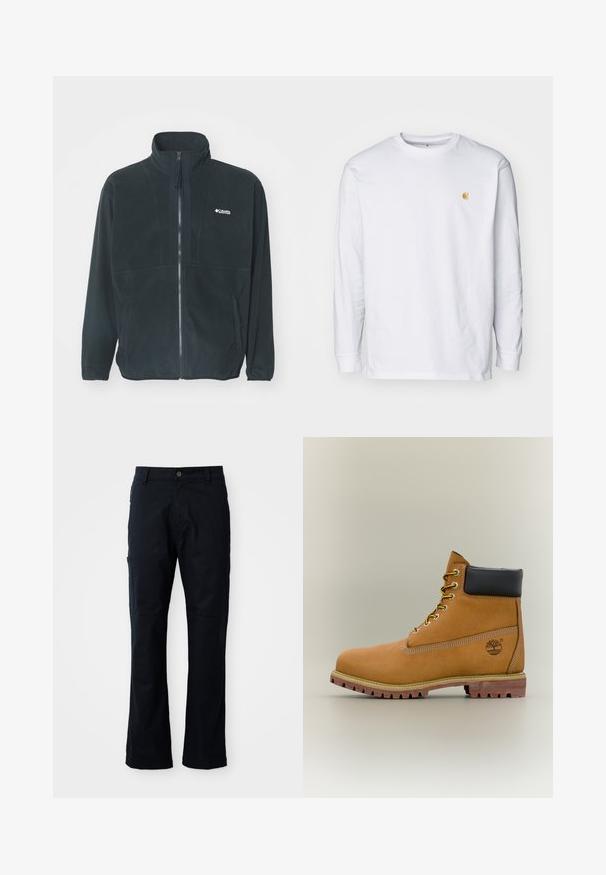 Veste en polaire noire avec un col haut, fermeture éclair à l'avant et deux poches latérales. Comprend un logo discret sur la poitrine.; T-shirt à manches longues blanc en coton. Présente un petit logo doré sur la poitrine et un col rond. Design simple et coupe standard.; Pantalons marine foncé en mélange de coton, avec une coupe droite, une poche latérale zippée et des détails de couture subtils.; Bottine en cuir marron avec col noir, lacets jaunes et semelle beige. Présente un logo et des détails de couture blanche. Semelle extérieure à traction robuste.