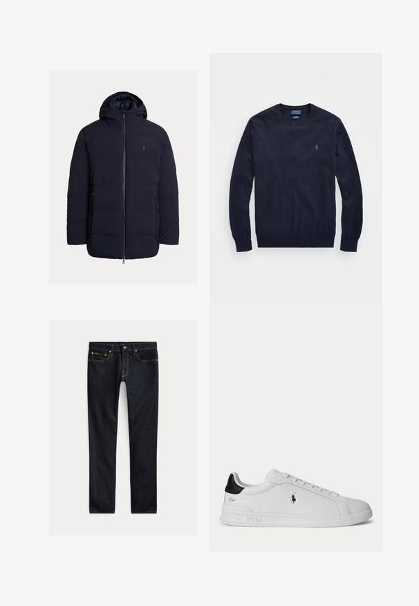 Veste matelassée bleu marine avec fermeture éclair à l'avant, capuche et poches latérales. Fabriquée en matériau lisse et léger avec un design à panneaux cousus.; Pull bleu marine à col rond avec manches longues et petit logo Polo Ralph Lauren brodé sur la poitrine gauche.; Jean slim bleu foncé avec cinq poches, fermeture à boutons et coutures contrastées, posé à plat sur un fond clair.; Baskets basses blanches avec languette de talon noire, lacets et logo Polo Ralph Lauren sur le côté, présentant des détails en relief sur la semelle.