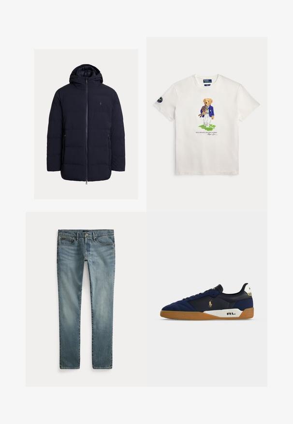 Veste matelassée bleu marine avec fermeture éclair à l'avant, capuche et poches latérales. Fabriquée en matériau lisse et léger avec un design à panneaux cousus.; T-shirt blanc avec un ours en peluche portant un blazer bleu tenant des raquettes de tennis, debout sur un court vert avec un texte en dessous.; Jean en denim bleu à coupe droite avec poches avant, passants de ceinture et fermeture par bouton.; Baskets basses avec dessus en daim bleu marine et cuir, semelle en gomme, semelle intermédiaire blanche avec le texte "RL" et logo Polo Ralph Lauren doré sur le côté.