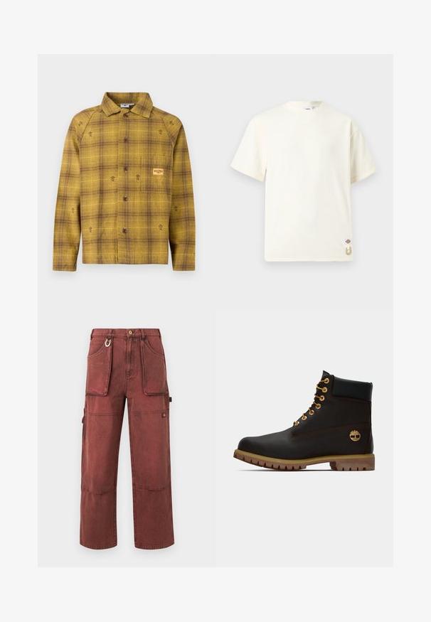 Chemise à carreaux jaune et marron avec boutons, manches longues, col et petites broderies florales. Comprend une poche poitrine.; T-shirt en coton à manches courtes, de couleur blanc cassé uni, avec col rond, petite étiquette logo et détail en corde beige près de l'ourlet inférieur.; Pantalon cargo rouge rouille à jambes droites avec grandes poches avant, coutures aux genoux, passants de ceinture, porte-clés en métal et fermeture par bouton.; Bottine noire en cuir avec œillets dorés, accents marron et semelle en caoutchouc. Comprend un col rembourré et un logo estampé sur le côté.