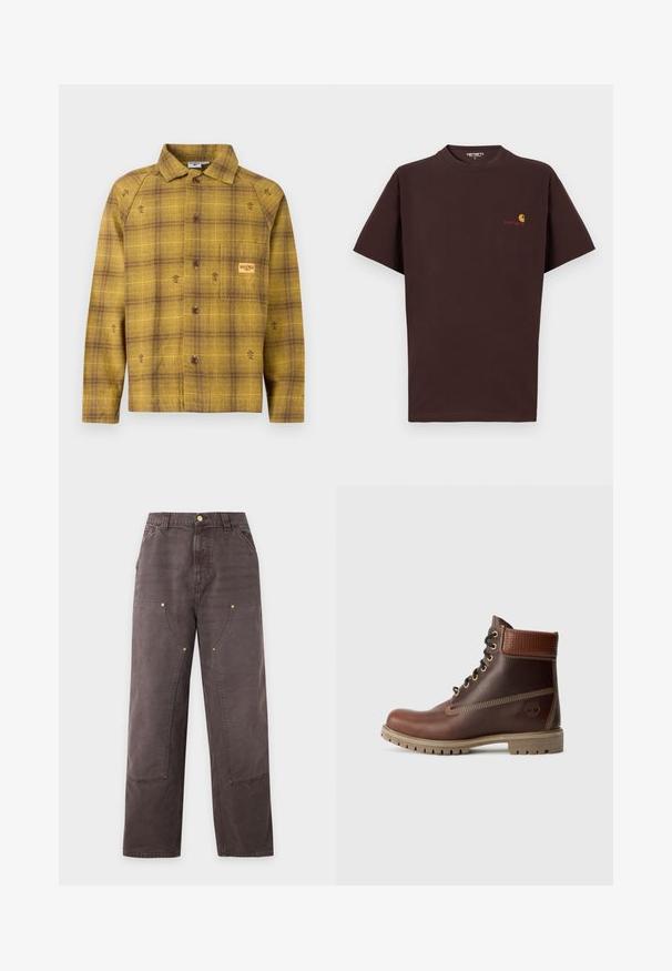 Chemise à carreaux jaune et marron avec boutons, manches longues, col et petites broderies florales. Comprend une poche poitrine.; T-shirt en coton marron à manches courtes, col rond, logo sur la poitrine gauche en orange et rouge, ourlet droit et coupe décontractée.; Pantalon marron à jambes droites avec taille haute, poches avant, passants de ceinture et coutures visibles au niveau des genoux et des cuisses.; Bottine en cuir marron à lacets, avec un col rembourré, des coutures contrastées et une semelle robuste, vue de l'extérieur sur un fond blanc.