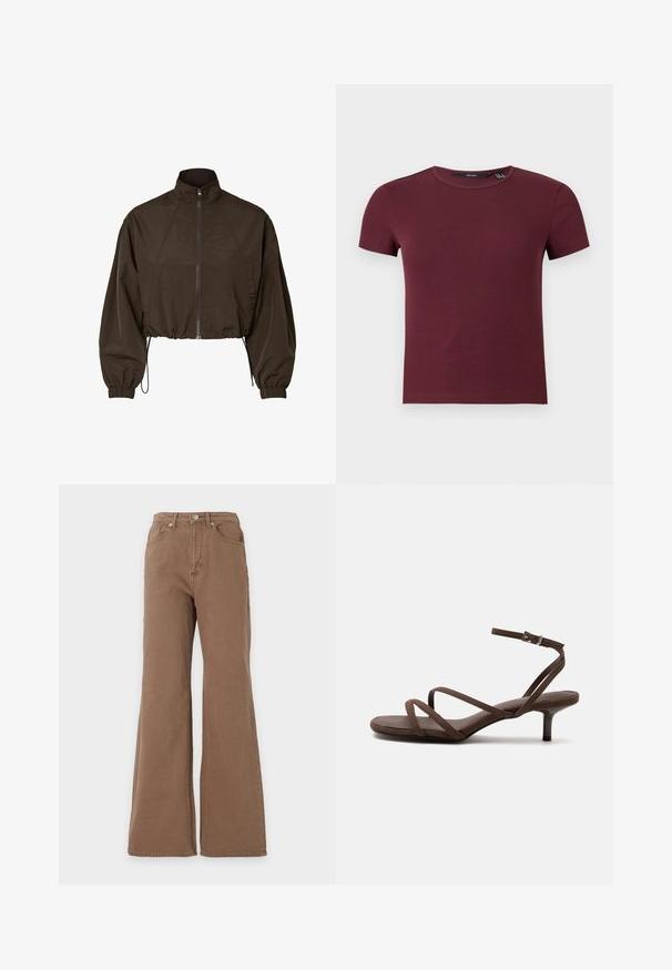 Veste courte marron foncé avec col montant, fermeture éclair à l'avant, manches longues bouffantes, poignets élastiques et cordons de serrage ajustables à l'ourlet.; Crop top à manches courtes en maille côtelée col rond couleur bordeaux avec silhouette ajustée.; Jean marron taille haute avec jambe évasée, fermeture par boutons sur le devant, poches avant et arrière, présenté sur un fond uni.; Sandale marron à talons hauts avec fines lanières croisées et bride de cheville avec boucle argentée sur fond blanc.