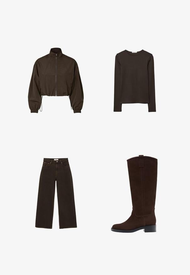 Veste courte marron foncé avec col montant, fermeture éclair à l'avant, manches longues bouffantes, poignets élastiques et cordons de serrage ajustables à l'ourlet.; Haut à manches longues de couleur marron foncé en tissu doux. Il présente un col arrondi et un ourlet droit, sans motifs ni accents visibles.; Jean en denim marron foncé à jambes larges, avec bouton et fermeture éclair à l'avant, poches avant avec rivets, et passants pour ceinture, posé à plat sur un fond blanc.; Botte haute en daim marron foncé avec un petit talon empilé et un bout arrondi, équipée d'une lanière au sommet de la tige.