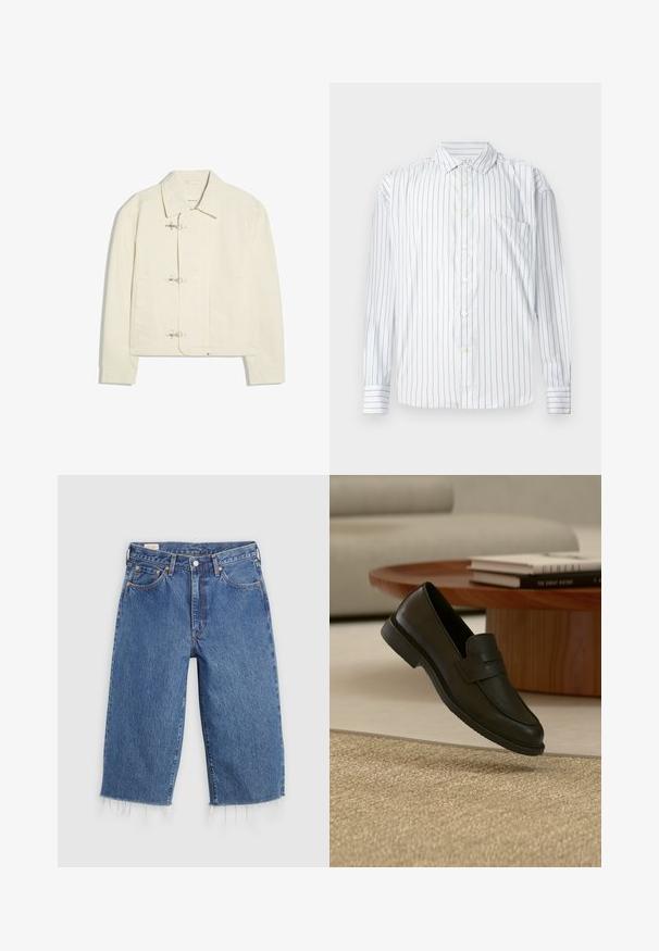 Veste blanc cassé avec un col et trois fermoirs à bascule argentés sur le devant, avec deux poches latérales et des manches longues.; Chemise à manches longues avec boutons en blanc, dotée de fines rayures verticales rouges, texture douce, col pointu et une poche sur la poitrine gauche.; Pantalons en denim bleu à coupe loose, longueur cropped et ourlet effiloché. Comprend cinq poches et une fermeture à bouton à la taille.; Chaussure mocassin en cuir noir présentée en suspension au-dessus d'un tapis beige tissé, avec une table en bois et des livres empilés dans un salon doucement éclairé.