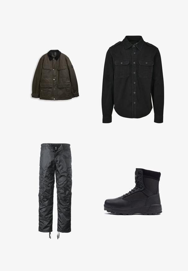 Chaqueta de manga larga verde oscuro con collar de pana negra, cuatro bolsillos frontales con solapa, botones a presión y puños ajustables.; Camisa negra de manga larga fabricada en algodón. Presenta un cuello con solapa, dos bolsillos en el pecho, cierre de botones y una tela texturizada.; Pantalones cargo aislantes de color negro con un acabado suave, múltiples bolsillos laterales, cordones ajustables en el dobladillo y costuras reforzadas.; Bota táctica negra con parte superior de piel lisa y paneles de tela, diseño de tobillo alto, cierre con cordones y suela de goma resistente.