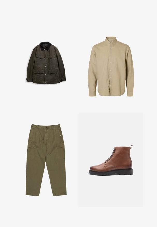 Chaqueta de manga larga verde oscuro con collar de pana negra, cuatro bolsillos frontales con solapa, botones a presión y puños ajustables.; Camisa beige de manga larga con botones al frente, cuello puntiagudo y puños abotonados, mostrada sobre un fondo blanco.; Pantalones cargo verdes oliva hechos de algodón, con cierre de botón en la parte delantera, bolsillos laterales y dos grandes bolsillos cargo en los muslos.; Botas de cuero marrón hasta el tobillo con punta redondeada, cierre con cordones en la parte delantera y suela de goma negra. Presenta un asa en la parte trasera para facilitar su uso.