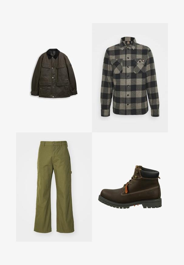 Veste longue à manches longues vert foncé avec col en velours côtelé noir, quatre poches avant à rabat, boutons-pression et poignets ajustables.; Chemise en flanelle à carreaux noirs et gris, à manches longues, à boutonnière à l'avant, avec deux poches sur la poitrine et un ourlet légèrement arrondi. Tissu texturé.; Pantalons larges vert olive en tissu durable, dotés d'une fermeture à bouton, de poches latérales et d'un design à ourlet droit.; Dockers by Gerli Bottines à lacets - schoko
