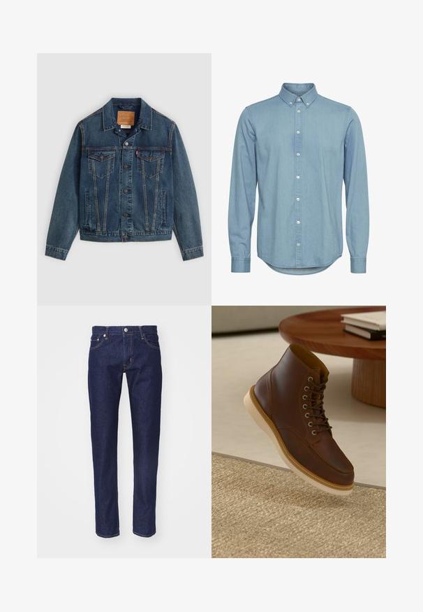 Jeanjakke i mørkeblå med klassisk snit, knaplukning, to brystlommer og karakteristisk syning langs sømmene.; Lyseblå denimskjorte med knap-ned krave, lange ærmer og buet kant. Har forkant med hvide knapper.; Mørkeblå denim jeans med lige pasform, fem-lomme design, kontrasterende orange syninger og en sølvknaplukning i taljen.; Brune læderankelstøvle med beige sål på et struktureret beige tæppe ved siden af et rundt træbord med stakke af bøger.